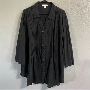 Woman Within Button Down Shirt Top Plus Sz 22/24 1X Solid Black Long Sleeve Tab
